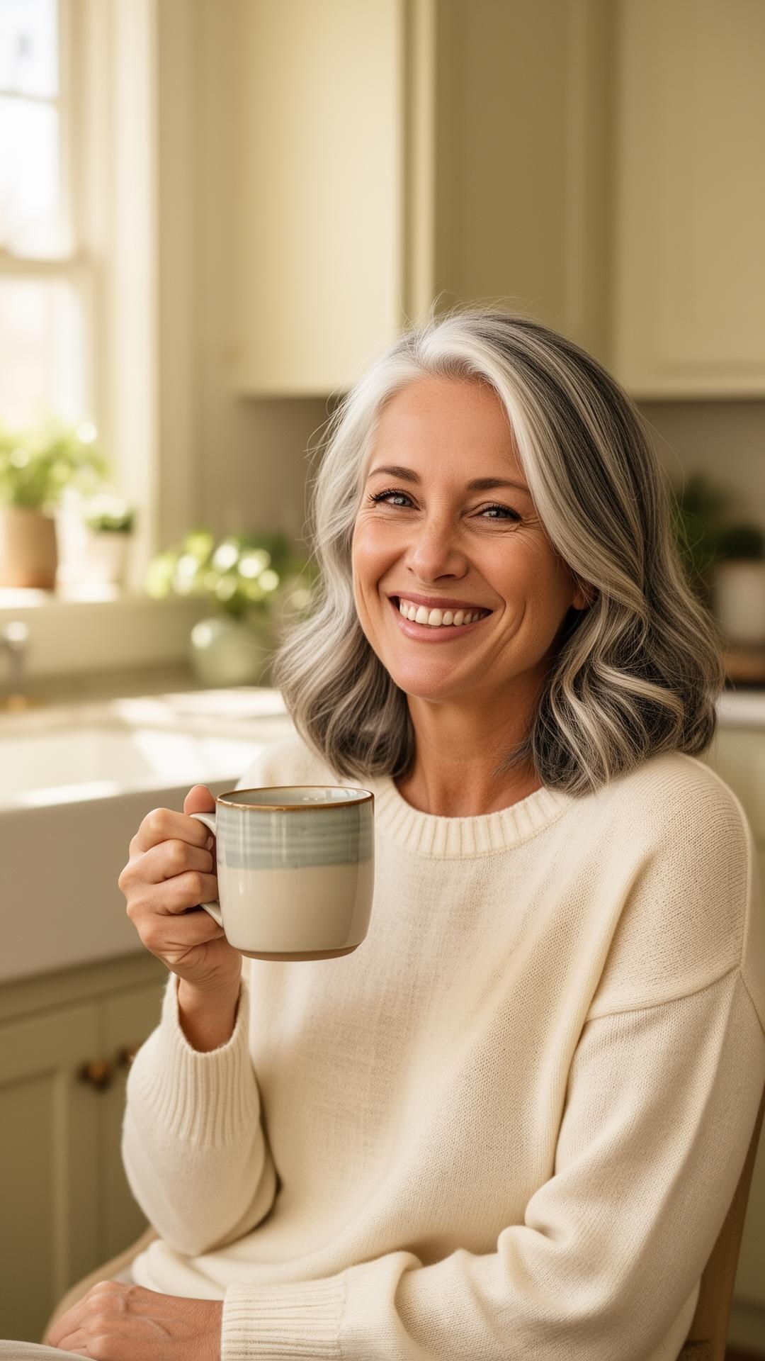 A Gen X woman with natural gray highlights smiling warmly with a cup of coffee.
